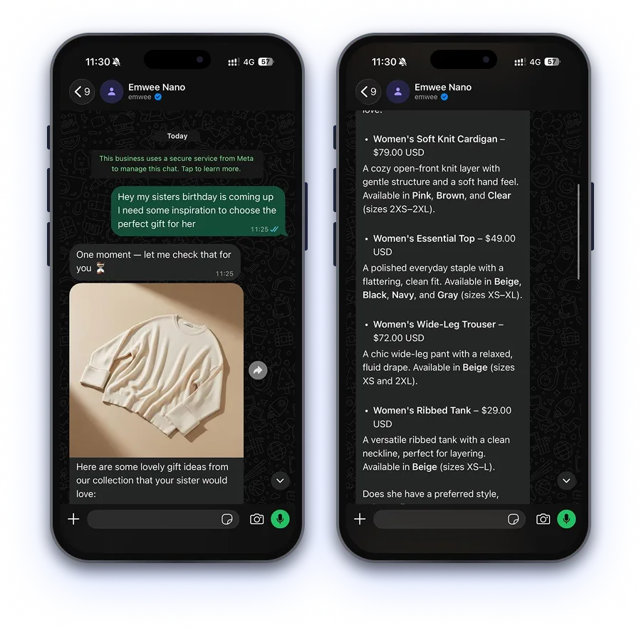NanoBot helps a WhatsApp shopper find a birthday gift and suggests products from the store catalog.